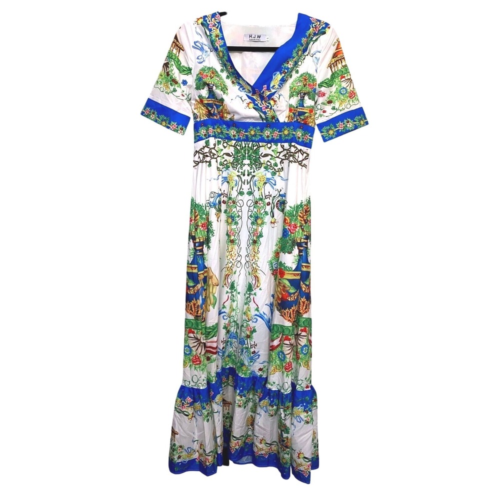 H.J.W. Huang Jin Wu White Blue Garden Print V-Neck Ruffle Maxi Dress Sz Floral S
